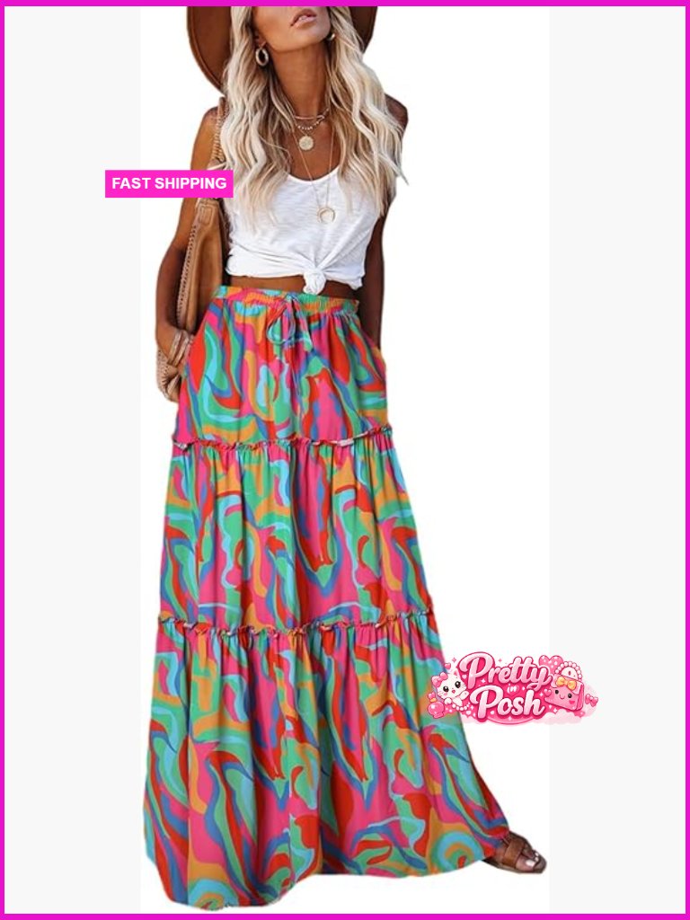 Womens High Waist Flowy Maxi Skirt With Pockets Beach Vacation